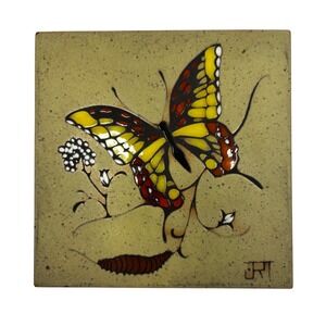 Vtg Cleo Teissedre Butterfly Ceramic Tile Trivet Wall Decor Hand Glazed 6x6 Art